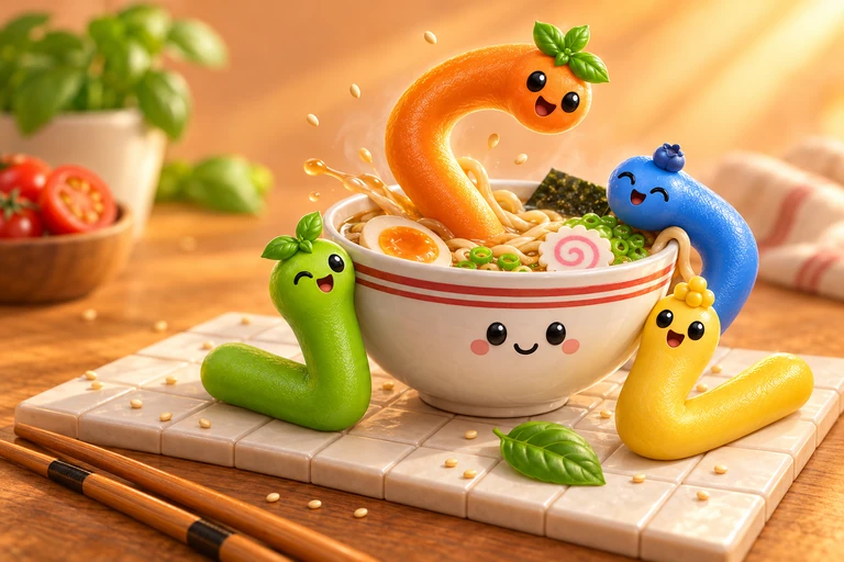 Colorful noodle characters gathered around a smiling ramen bowl